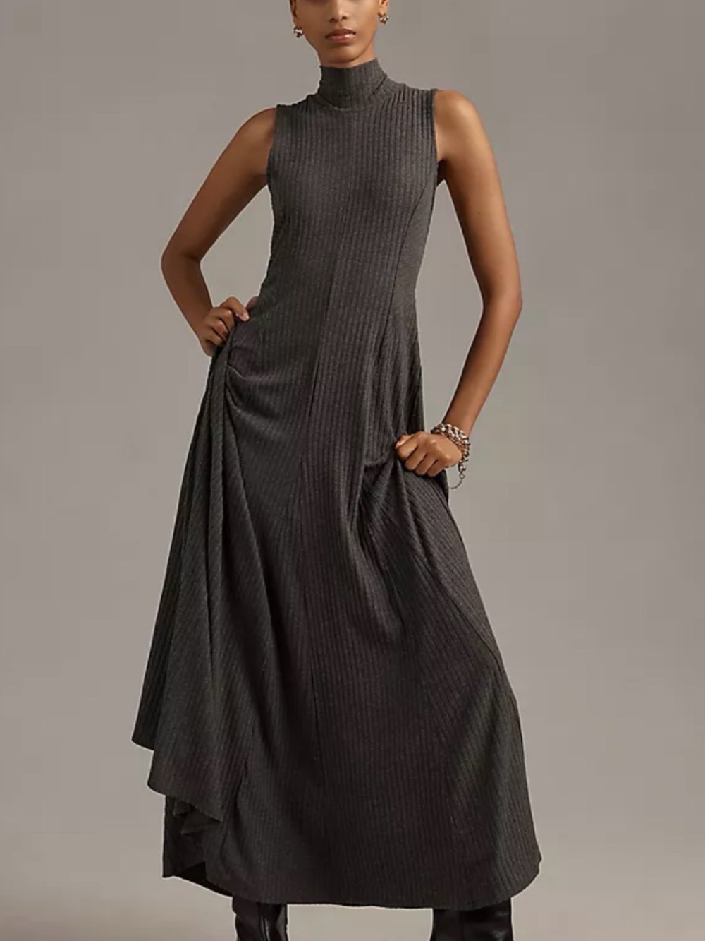 Anthropologie Charcoal Ribbed Sleeveless Turtleneck Maxi Dress